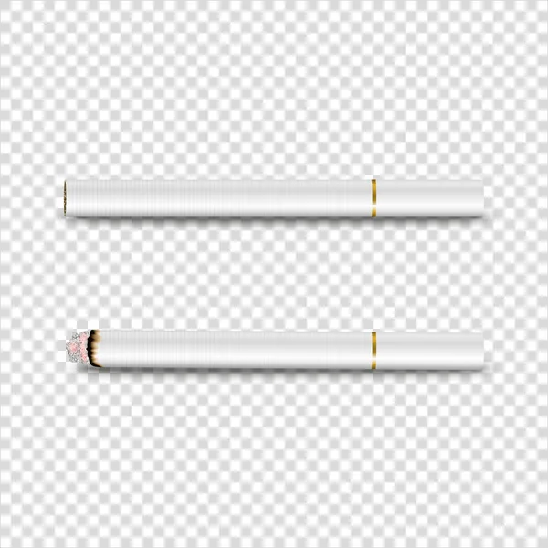 Vector 3d Realist White Clear Blank Whole and Lit Cigarette Set Closeup Isolated on Transparent Background Дизайн шаблону. Концепція проблеми з димом, тютюн, картопля цигарок. Передня частина, вгорі, вид збоку — стоковий вектор