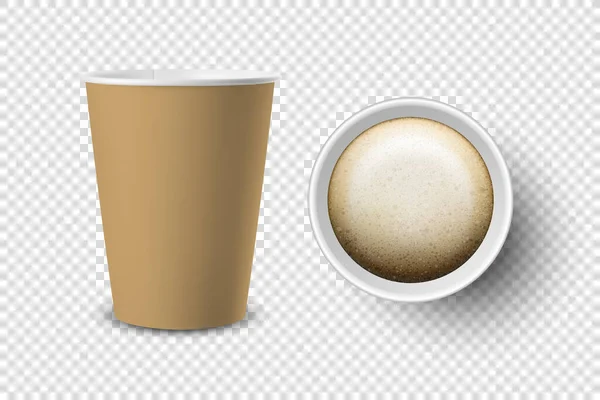 Vettore 3d realistico marrone carta usa e getta aperto, tazza di caffè in plastica per bevande Icona Set Primo piano isolato su sfondo trasparente. Modello di design, Mockup. Vista superiore e anteriore — Vettoriale Stock