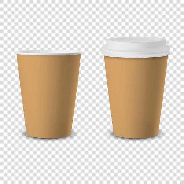 Vektor 3d realistické Brown jednorázové Otevřeno a uzavřeno s bílým víčkem papíru, plastový šálek kávy pro nápoje Ikona Set Closeup Izolované na průhledném pozadí. Šablona designu, Mockup. Pohled zepředu — Stockový vektor