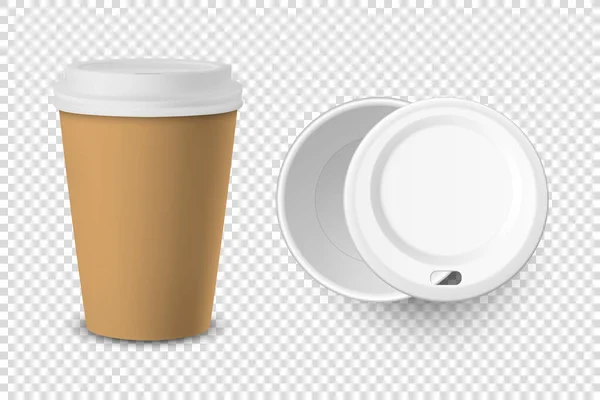 Vector 3d realista marrón desechable papel cerrado y abierto, taza de café de plástico para bebidas con tapa blanca conjunto primer plano aislado sobre fondo transparente. Plantilla de diseño, burla. Vista superior y frontal — Vector de stock