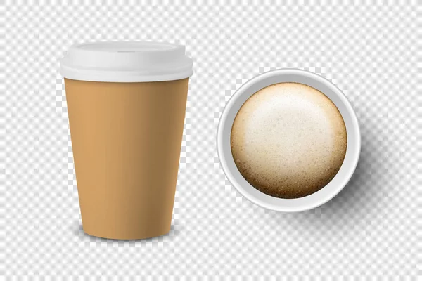 Vettore 3d realistico marrone monouso carta chiusa e aperta, tazza di caffè in plastica per bevande con coperchio bianco impostare primo piano isolato su sfondo trasparente. Modello di design, Mockup. Vista superiore e anteriore — Vettoriale Stock