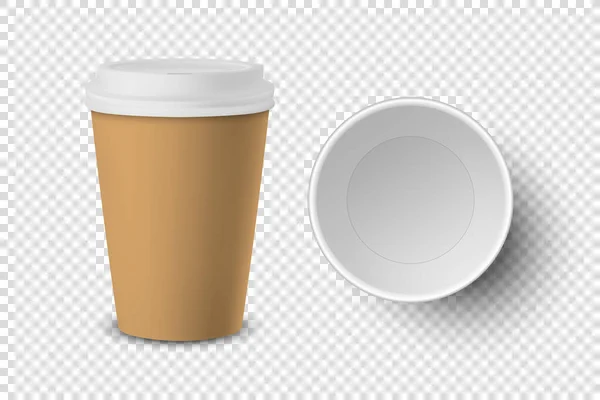 Vector 3d Realistic Empty Brown Disposable Closed and Open Paper, Plastic Coffee Cup for Drinks with White Lid Set Closeup Isolated. 디자인 템플릿, 모토우. 위와 앞 이보이다 — 스톡 벡터