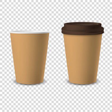 Vektör 3d Gerçekçi Kahverengi Tek Atım Kağıt, İçecekler için Plastik Kahve Bardağı Şeffaf Arkaplanda izole edilmiş. Tasarım Şablonu, Mockup. Ön Görünüm