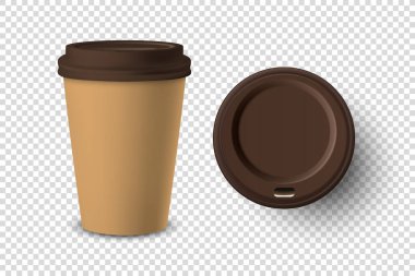Vektör 3d Gerçekçi Kahverengi Harcanabilir Kağıt Kapalı ve Açılmış, Plastik Kahve Fincanı Kahverengi Led Set Kapalı İçecekler İçin Şeffaf Arkaplanda izole edildi. Tasarım Şablonu, Mockup. Üst ve Ön Görünüm
