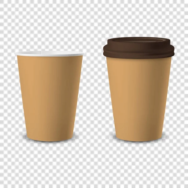 Vektor 3d realistický Brown jednorázové Otevřeno a uzavřeno s Brown Vid Paper, Plastic Coffee Cup for Drinks Icon Set Closeup Izolované na průhledném pozadí. Šablona designu, Mockup. Pohled zepředu — Stockový vektor
