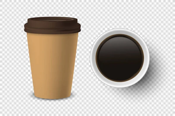 Vector 3d réaliste brun jetable papier fermé et ouvert, tasse à café en plastique pour les boissons avec couvercle blanc Set Fermer isolé sur fond transparent. Modèle de conception, Maquette. Vue du dessus et de face — Image vectorielle