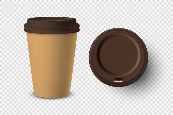 Vector 3d Realistic Brown eldobható zárt és nyitott papír, műanyag kávé csésze italok barna fedél készlet Szorosra elszigetelt átlátható háttér. Tervezz sablont, Mockup. Top és Front View — Stock Vector