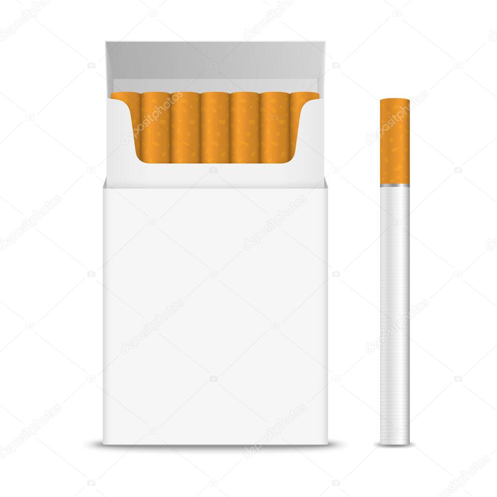 Vector 3d Realistic Opened Clear Blank Cigarette Pack Box and Cigarette Set Closeup Isolated on Transparent Background. Design Template. Smoke Problem Concept, Tobacco, Cigarette Mockup. Front View