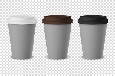 Vektör 3d Gri Gerçekçi Tek Kullanılabilir Kağıt, Beyaz, Kahverengi ve Siyah Lid Kapalı İçecekler İçin Plastik Kahve Kupası Şeffaf Arkaplanda izole edildi. Tasarım Şablonu, Mockup. Ön Görünüm