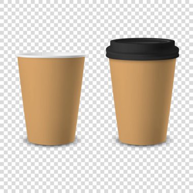 Vektör 3d Gerçekçi Kahverengi Harcanabilir Siyah Lid Kağıt, İçecekler İçin Plastik Kahve Bardağı Şeffaf Arkaplanda izole edilmiş. Tasarım Şablonu, Mockup. Ön Görünüm