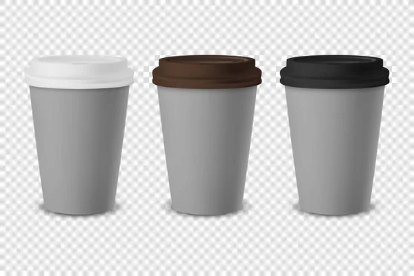 Vektor 3d Grå Realistisk engångs Stängt Papper, plast kaffe Cup för drycker med vitt, brunt och svart lock set Närbild Isolerad på Transparent bakgrund. Designa mallen, Mockup. Framifrån — Stock vektor