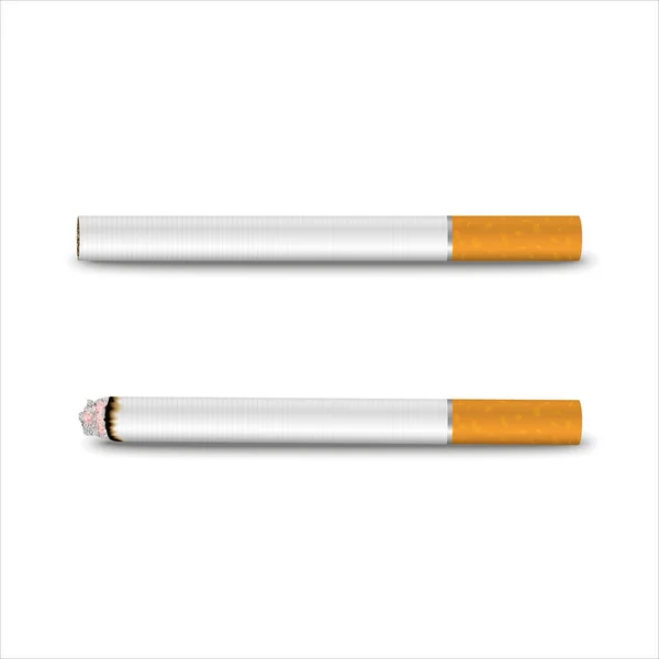 Vector 3d Realistic White Clear Blank Whole and Lit Cigarette Set Closeup Isolated on Transparent Background. Design Template. Smoke Problem Concept, Tobacco, Cigarette Mockup. Front, Top, Side View — Stock Vector