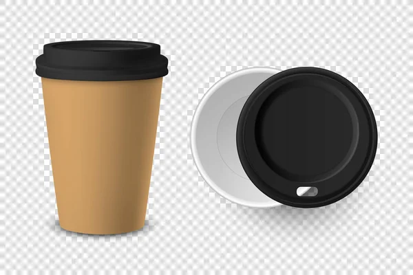 Vector 3d realista marrón desechable papel cerrado y abierto, taza de café de plástico para bebidas con tapa negra conjunto primer plano aislado sobre fondo transparente. Plantilla de diseño, burla. Vista superior y frontal — Vector de stock