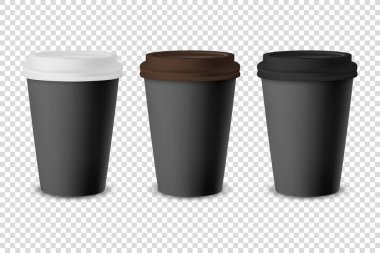Vektör 3d Black Realistic Conposed Paper, Plastic Coffee Cup for Liinks with White, Brown and Black Lid Set Closeup, Şeffaf Arkaplanda izole edildi. Tasarım Şablonu, Mockup. Ön Görünüm