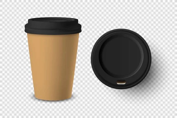 Vektor 3d realistické Brown jednorázové uzavřený a otevřený papír, plastový šálek kávy pro nápoje s černým víčkem Set Closeup izolované na průhledném pozadí. Šablona designu, Mockup. Pohled shora a zepředu — Stockový vektor