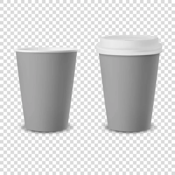 Διάνυσμα 3d Ρεαλιστικό γκρι μιας χρήσης άνοιξε και έκλεισε με λευκό χαρτί Καπάκι, πλαστικό φλιτζάνι καφέ για ποτά Εικονίδιο Set Closeup απομονώνονται σε διαφανές φόντο. Πρότυπο σχεδιασμού, Mockup. Πρόσθια όψη — Διανυσματικό Αρχείο