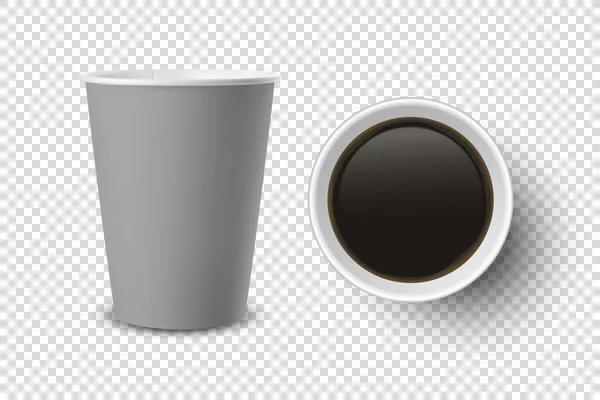 Vektorový 3D realistický šedý jednorázový otevřený papír, plastový šálek kávy pro nápoje Ikona Set Closeup Izolované na průhledném pozadí. Šablona designu, Mockup. Pohled shora a zepředu — Stockový vektor