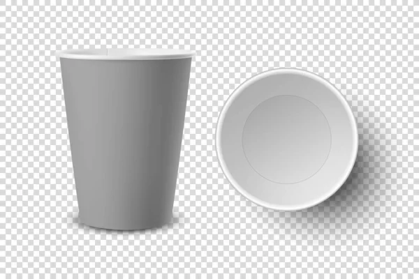 Vettore 3d realistico vuoto grigio carta aperta monouso, tazza di caffè in plastica per bevande Icona Set Primo piano isolato su sfondo trasparente. Modello di design, Mockup. Vista superiore e anteriore — Vettoriale Stock