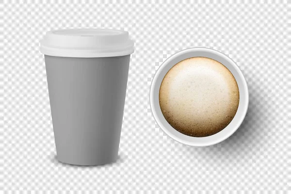 Vector 3d Realistisch grijs wegwerp Gesloten en geopend papier, plastic koffiebeker voor dranken met zwarte deksel set close-up geïsoleerd op transparante achtergrond. Ontwerp Template, Mockup. Boven- en vooraanzicht — Stockvector