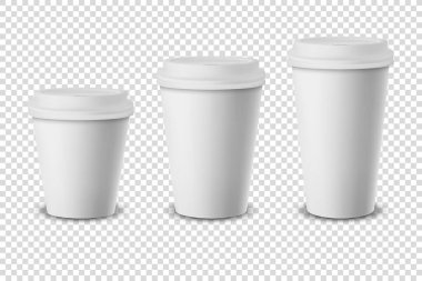 Vektör 3d Beyaz Gerçekçi Tek Kullanılabilir Kağıt, Beyaz, Kahverengi ve Siyah Lid Kapalı İçecekler İçin Plastik Kahve Kupası Şeffaf Arkaplanda izole edildi. Tasarım Şablonu, Mockup. Ön Görünüm