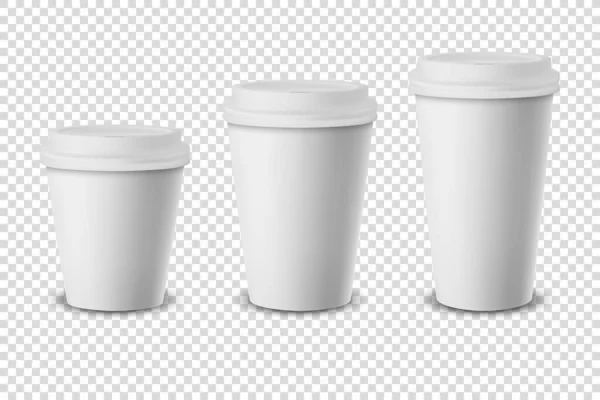 Vector 3d branco realista descartável fechado papel, copo de café de plástico para bebidas com branco, marrom e preto tampa set close-up isolado em fundo transparente. Modelo de design, Mockup. Vista frontal — Vetor de Stock