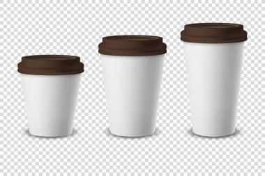 Vektör 3d Beyaz Gerçekçi Tek Kullanılabilir Kağıt, Plastik Kahve Bardağı İçecekler İçin Kahverengi Led Set Yakın plan Şeffaf Arkaplan 'da izole edildi. Tasarım Şablonu, Mockup. Ön Görünüm