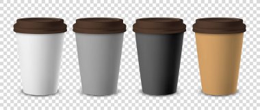 Vektör 3d Gerçekçi Tek Kullanılabilir Kağıt, İçecekler için Plastik Kahve Bardağı ve Şeffaf Arkaplan 'da Lid Set Kapanışı. Tasarım Şablonu, Mockup. Ön Görünüm
