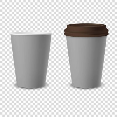 Vektör 3d Gerçekçi Gri Harcanabilir Kağıt Kahverengi Lid Kâğıdı, İçecekler için Plastik Kahve Kupası Şeffaf Arkaplanda Kapalı Kapanış Yapıldı. Tasarım Şablonu, Mockup. Ön Görünüm