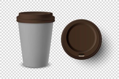Vektör 3d Gerçekçi Gri Harcanabilir Kağıt Kapalı ve Açılmış, Plastik Kahve Fincanı Kahverengi Led Set Kapalı İçecekler İçin Şeffaf Arkaplanda izole edildi. Tasarım Şablonu, Mockup. Üst ve Ön Görünüm