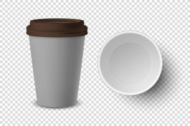 Vektör 3d Gerçekçi Boş Gri Harcanabilir Kapalı, Açılmış Kağıt, Plastik Kahve Fincanı Kahverengi Led Set Kapalı İçecekler İçin Şeffaf Arkaplanda izole edildi. Tasarım Şablonu, Mockup. Üst ve Ön Görünüm