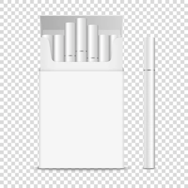 Векторна 3d реалістична відкрита чиста біла сигаретна коробка, набір сигарет крупним планом ізольовано на прозорому тлі. Розробка шаблону. Концепція проблеми з димом, тютюн, макет сигарет. Вид спереду — стоковий вектор