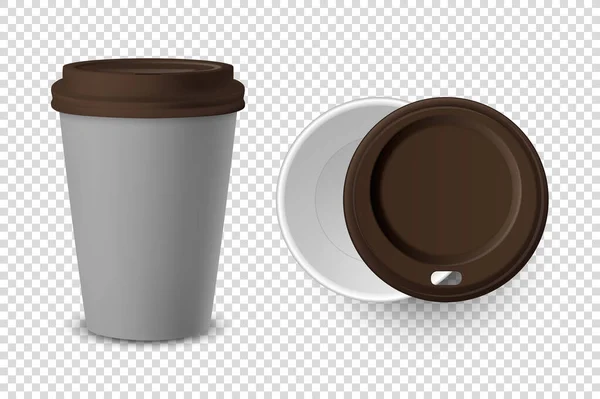 Vektor 3d realistické šedá jednorázové uzavřený a otevřený papír, plastový šálek kávy pro nápoje s Brown víčko Set Closeup Izolované na průhledném pozadí. Šablona designu, Mockup. Pohled shora a zepředu — Stockový vektor