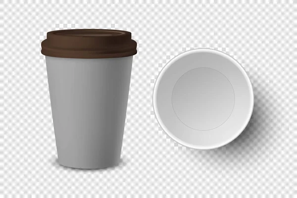 Vektor 3d realistické prázdné šedé jednorázové uzavřený, otevřený papír, plastový šálek kávy pro nápoje s hnědým víčkem Set Closeup Izolované na průhledném pozadí. Šablona designu, Mockup. Pohled shora a zepředu — Stockový vektor