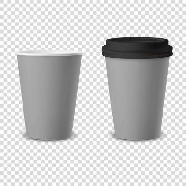 Vektör 3d Gerçekçi Gri Harcanabilir Siyah Lid Kağıt, İçki Simgesi İçin Plastik Kahve Bardağı Şeffaf Arkaplanda izole edilmiş. Tasarım Şablonu, Mockup. Ön Görünüm