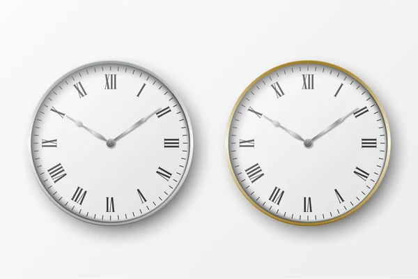 Vector 3d Realistic Simple Round Silver and Gold Wall Office Clock mit weißem Zifferblatt Icon Set Nahaufnahme isoliert auf weißem Hintergrund. Design-Vorlage, Mock-up für Branding, Werbung. Ansicht von vorne oder von oben — Stockvektor