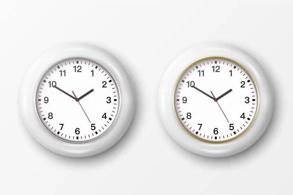 Vector 3D Realista Simples Rodada Branco Relógio Escritório de Parede com Dial Branco Ícone Set Closeup Isolado no fundo branco. Modelo de Design, Mock-up para Branding, Anuncie. Vista frontal ou superior —  Vetores de Stock