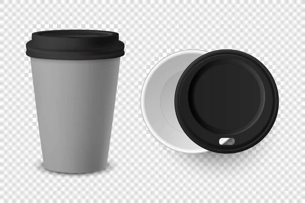 Вектор 3d реалистичный серый одноразовый закрытая и открытая бумага, пластиковые чашки кофе для напитков с черной крышкой установить крупным планом изолированы на прозрачном фоне. Шаблон дизайна, макет. Вид сверху и спереди — стоковый вектор
