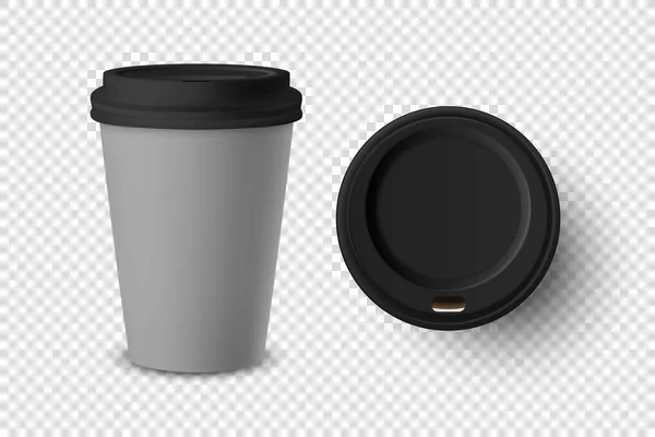 Вектор 3d реалистичный серый одноразовый закрытая и открытая бумага, пластиковые чашки кофе для напитков с черной крышкой установить крупным планом изолированы на прозрачном фоне. Шаблон дизайна, макет. Вид сверху и спереди — стоковый вектор