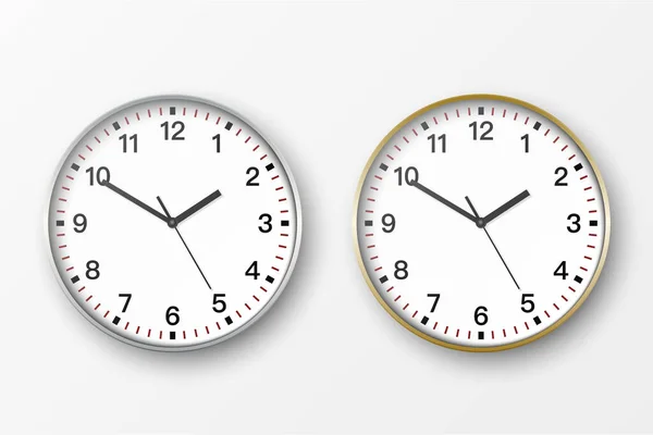 Vector 3d Realistic Simple Round Silver and Gold Wall Office Clock with White Dial Icon Set Zbliżenie Izolowane na białym tle. Wzór Szablon, Makieta dla marki, Reklamy. Widok z przodu lub z góry — Wektor stockowy