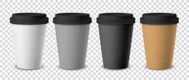 Vektör 3d Gerçekçi Tek Kullanılabilir Kağıt, Siyah Lid setli İçecekler İçin Plastik Kahve Bardağı Şeffaf Arkaplanda izole edildi. Tasarım Şablonu, Mockup. Ön Görünüm