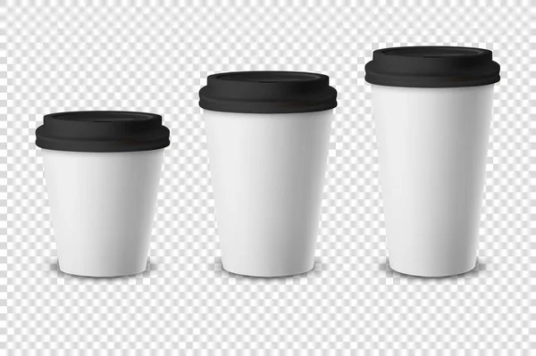 Вектор 3d белый реалистичный одноразовый закрытая бумага, пластиковый кофе чашка для напитков с черной крышкой установить крупным планом изолированы на прозрачном фоне. Шаблон дизайна, макет. Вид спереди — стоковый вектор