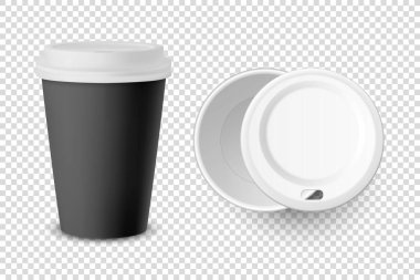 Vektör 3d Siyah Harcanabilir Kağıt Kapalı ve Açılmış, Plastik Kahve Bardağı Beyaz Lid setli Kapalı Kapalı İçkiler İçin Şeffaf Arkaplanda izole edildi. Tasarım Şablonu, Mockup. Üst ve Ön Görünüm
