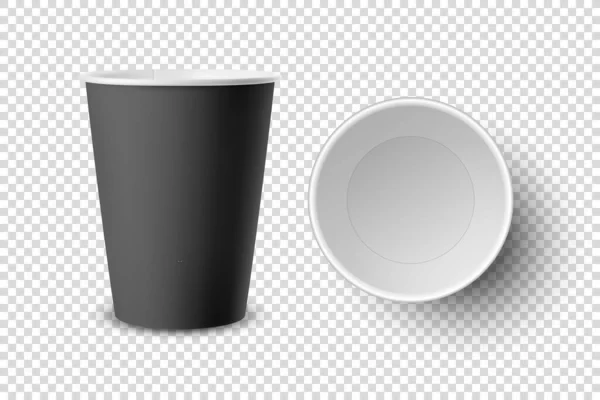 Vector 3d realista negro desechable papel abierto, taza de café de plástico para bebidas icono conjunto primer plano aislado sobre fondo transparente. Plantilla de diseño, burla. Vista superior y frontal — Archivo Imágenes Vectoriales