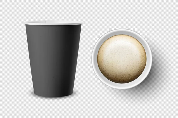 Διάνυσμα 3d Ρεαλιστικό μαύρο μιας χρήσης ανοιγμένο χαρτί, πλαστικό φλιτζάνι καφέ για ποτά Εικονίδιο Σετ Κλείσιμο Απομονωμένο σε διαφανές φόντο. Πρότυπο σχεδιασμού, Mockup. Πάνω και μπροστά όψη — Διανυσματικό Αρχείο