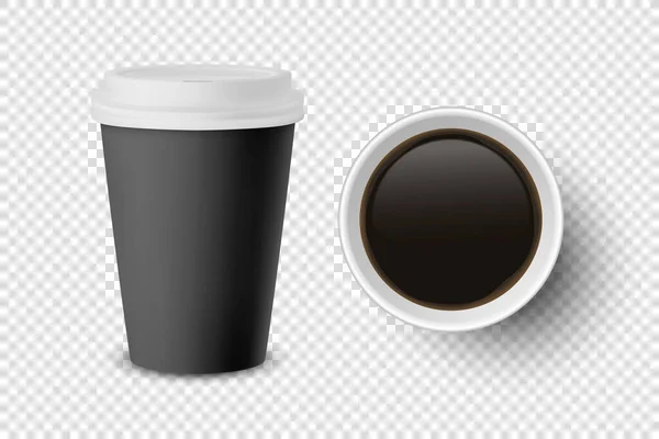 Vector 3d Realisztikus fekete eldobható Zárt és nyitott papír, műanyag kávé csésze italok fehér fedeles készlet Szorosra elszigetelt átlátható háttér. Tervezz sablont, Mockup. Top és Front View — Stock Vector