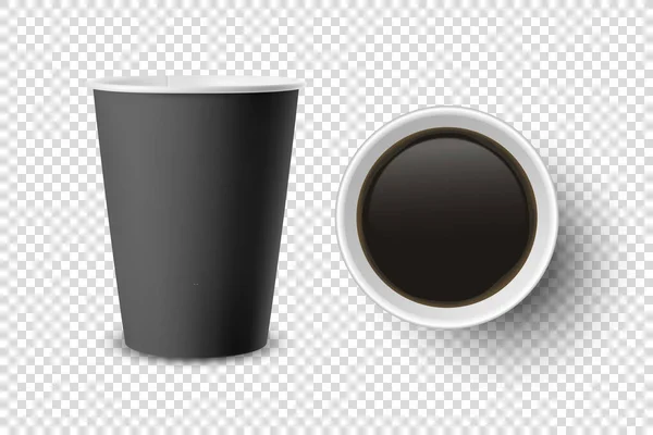 Vektorový 3D realistický černý jednorázový otevřený papír, plastový šálek kávy pro nápoje Ikona Set Closeup Izolované na průhledném pozadí. Šablona designu, Mockup. Pohled shora a zepředu — Stockový vektor