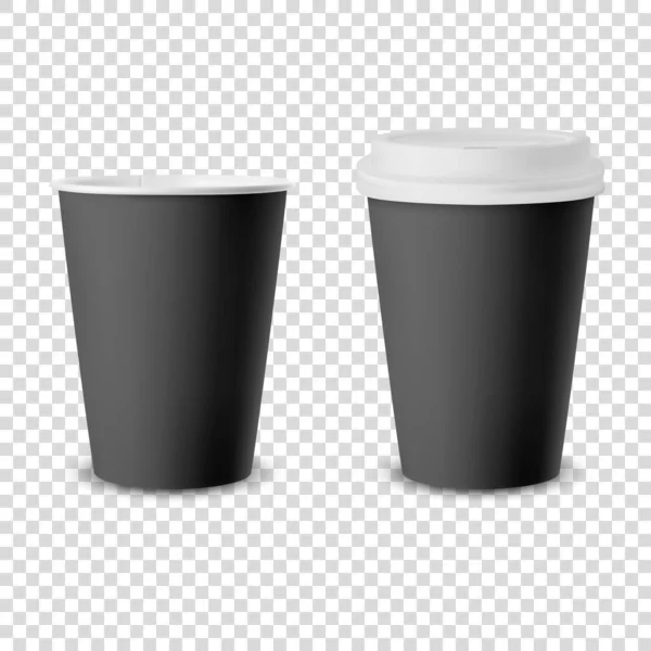 Vector 3d realista negro desechable abierto y cerrado con papel blanco de la tapa, taza de café de plástico para bebidas Set de iconos primer plano aislado sobre fondo transparente. Plantilla de diseño, burla. Vista frontal — Vector de stock