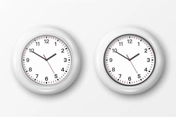 白の背景に隔離された白のダイヤルアイコンセットの閉鎖とベクトル3D現実的なシンプルなラウンドホワイトの壁のオフィスの時計。デザインテンプレート,ブランディングのためのモックアップ,広告.フロントビューまたはトップビュー — ストックベクタ
