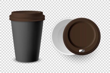 Vektör 3d Siyah Harcanabilir Kağıt Kapalı ve Açılmış, Plastik Kahve Kupası Kahverengi Led Set Kapalı İçecekler İçin Şeffaf Arkaplanda izole edildi. Tasarım Şablonu, Mockup. Üst ve Ön Görünüm