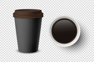 Vektör 3d Siyah Harcanabilir Kağıt Kapalı ve Açılmış, Kahverengi Led Set Kapalı İçecekler İçin Plastik Kahve Kupası izole edildi. Tasarım Şablonu, Mockup. Üst ve Ön Görünüm